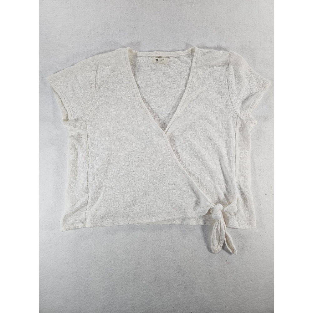 Madewell Texture Thread Wrap Tie Top Large Ivory White Ribbed Knit Crop Blouse